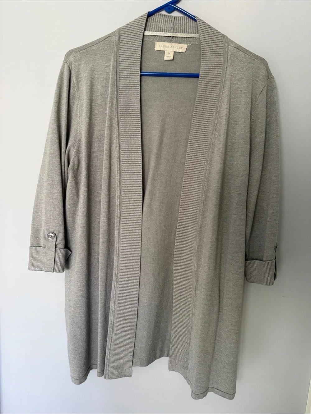 Laura Ashley Gray Open Front Roll-Tab Cardigan